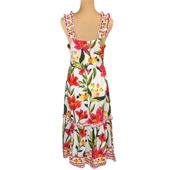 FARM RIO Cashew Floral Tiered Midi Dress Sz.M White Ruffle Garden Tropical - Picture 5 of 15